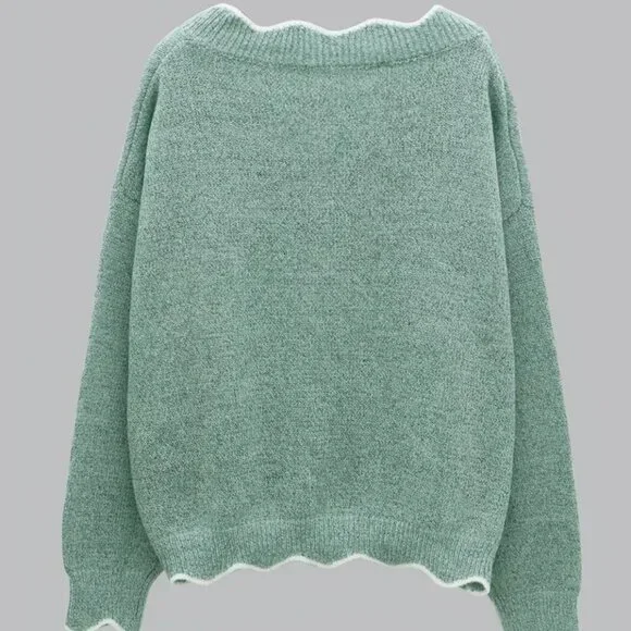 Women's Plus Color Block Long Sleeve V Neck Floral Trim Casual Sweater - Picture 2 of 6